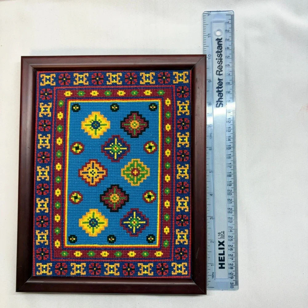 Handmade Needlepoint Wall Art Unisex Small Blue Vintage Geometric Framed Good